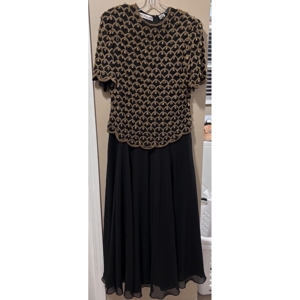 VINTAGE Scala Black Gold Beaded Evening Gown Dress XL Formal Prom Cocktail